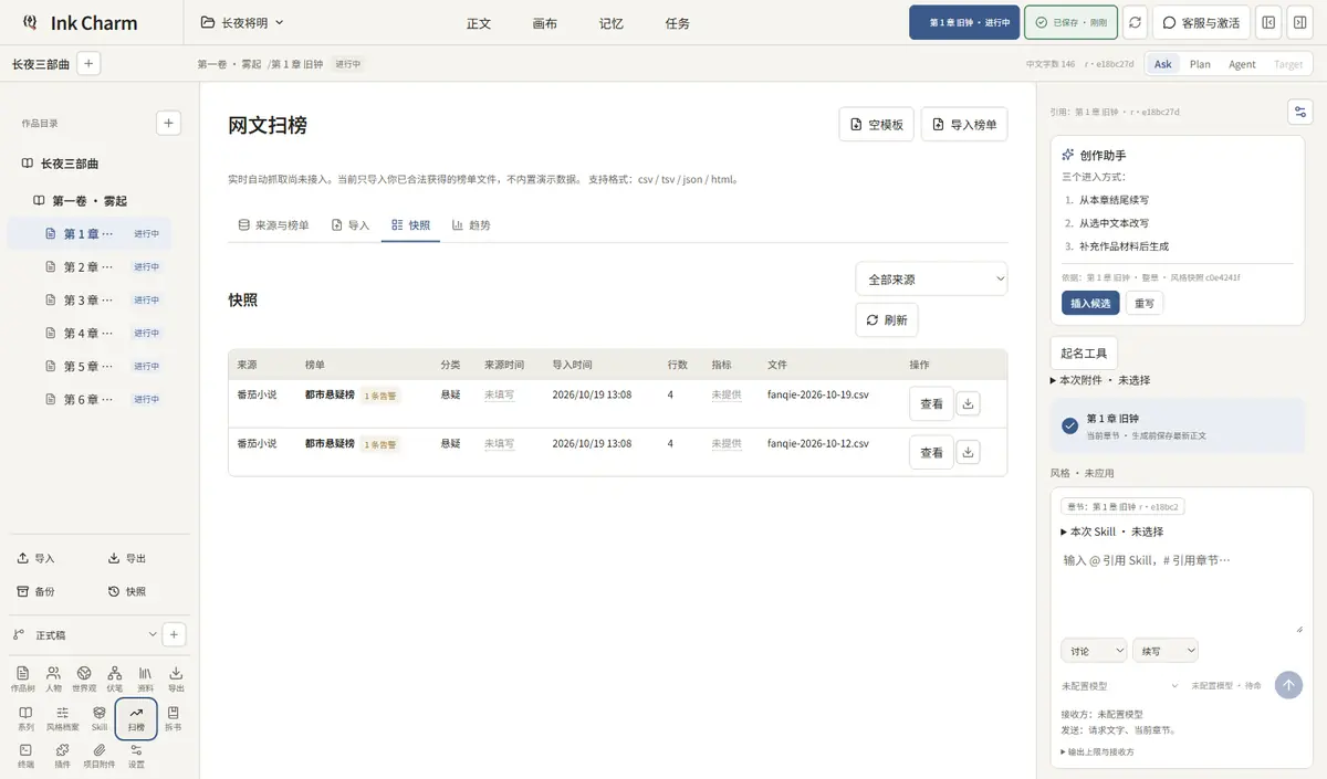 Ink Charm 扫榜界面截图位:来源、快照表格与趋势视图。
